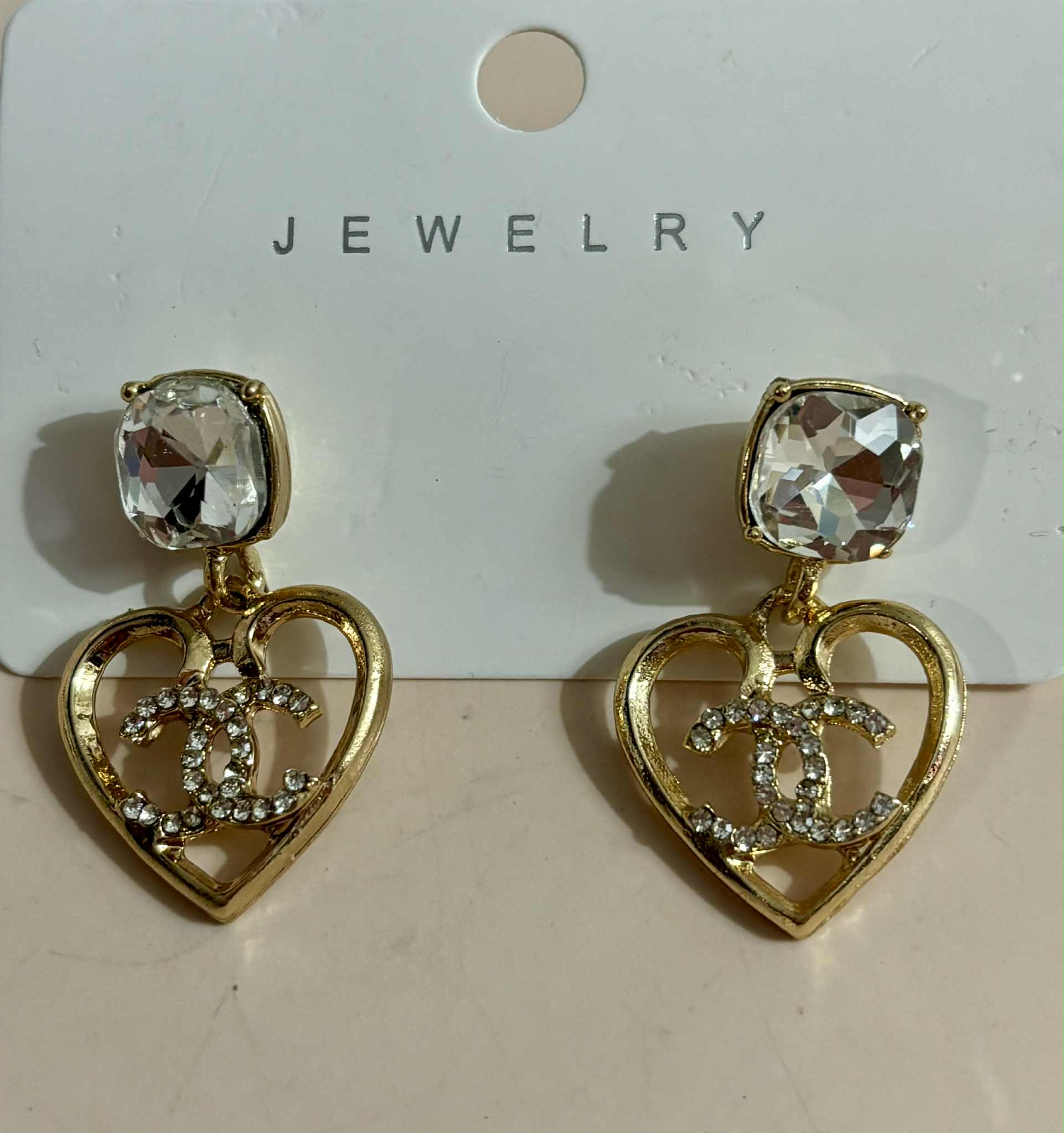 Earrings C diamond stud with hanging heart gold