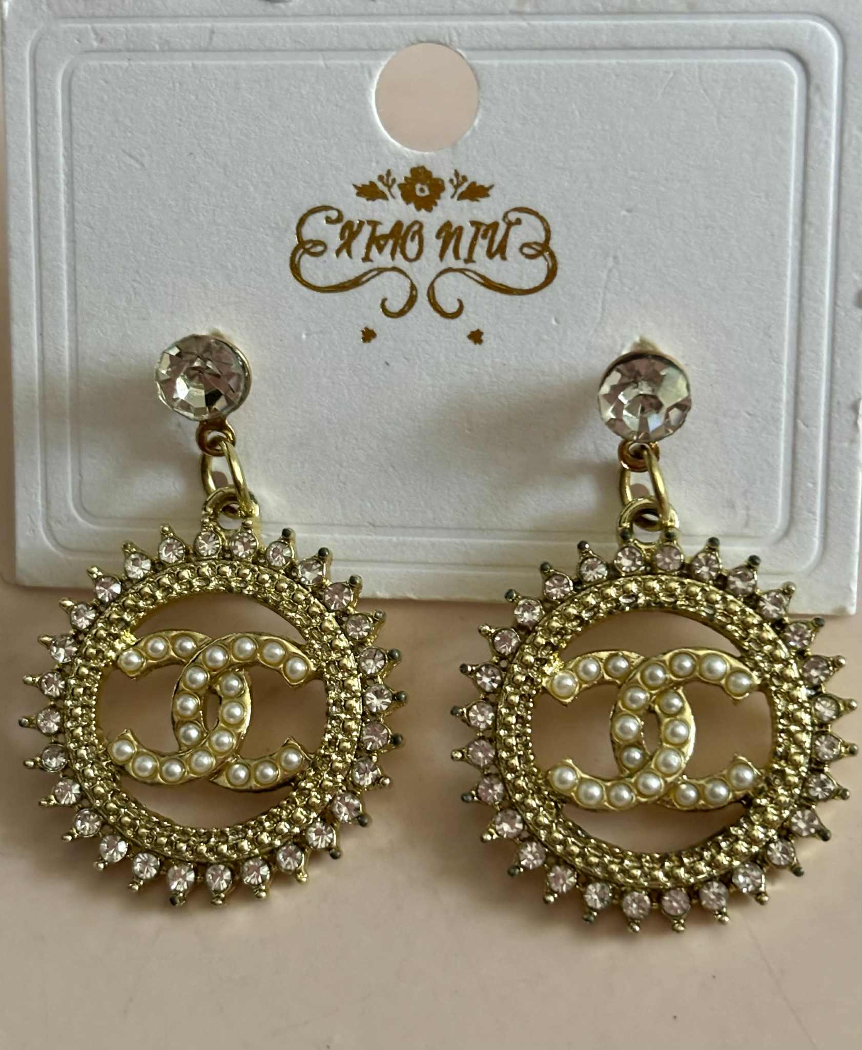Earrings C hanging pearl bling gold