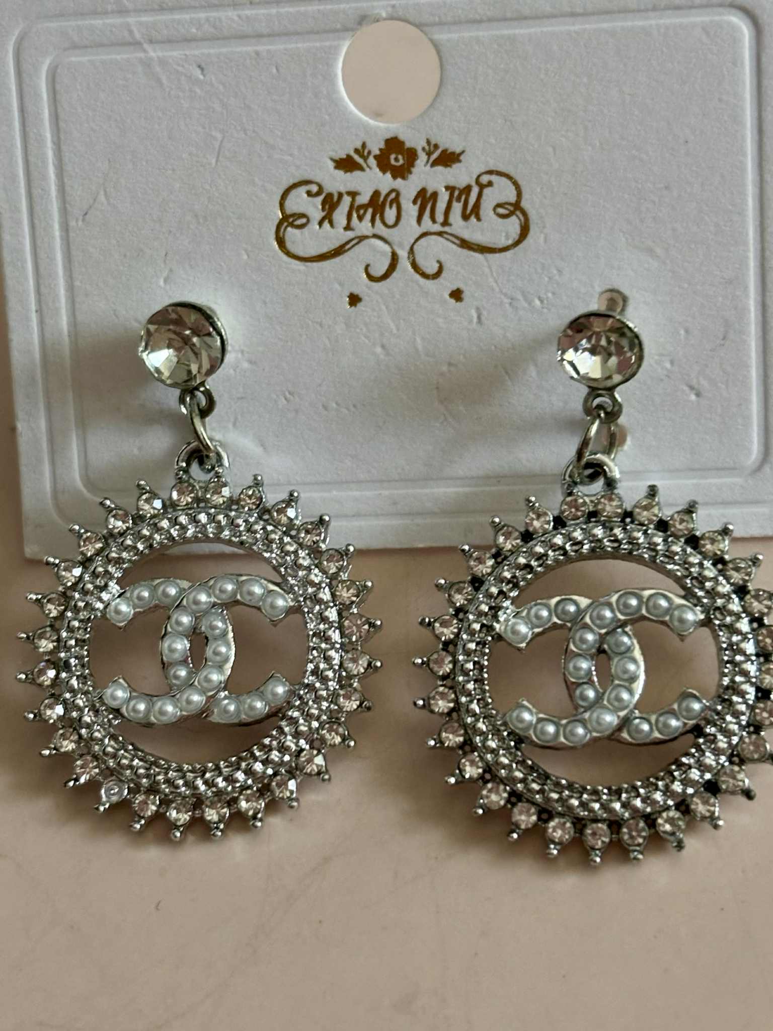 Earrings C hanging pearl bling silver
