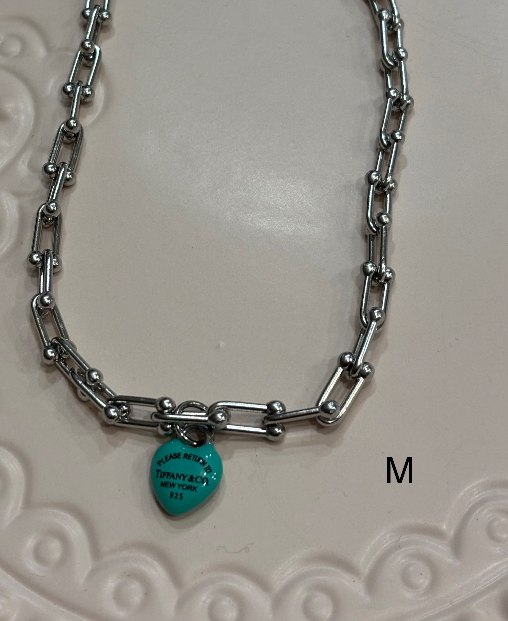 Necklace T teal heart silver
