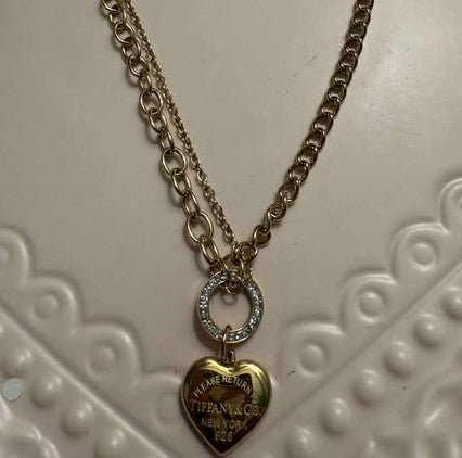 Necklace T heart w/double chain gold