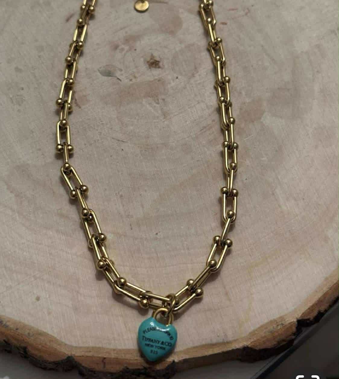 Necklace T teal heart gold